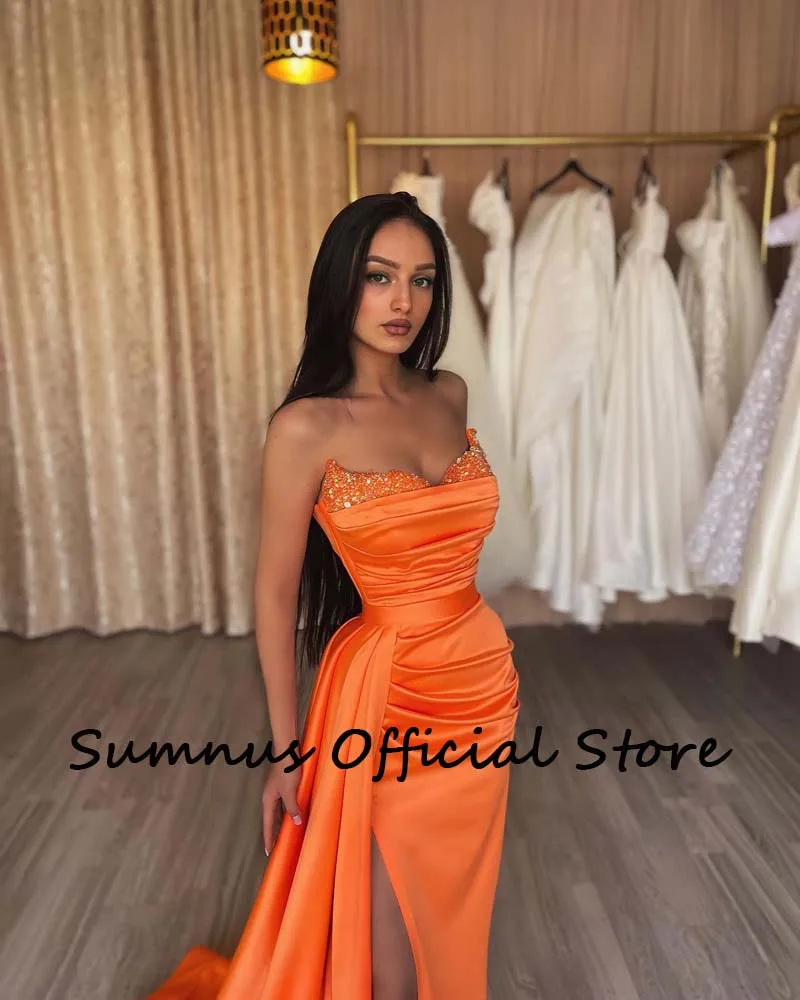 Sumnus Orange Sweetheart Mermaid Prom Dresses Sequins Coset Side Split Sexy Evening Party Dress Pleats Satin Women Formal Gowns