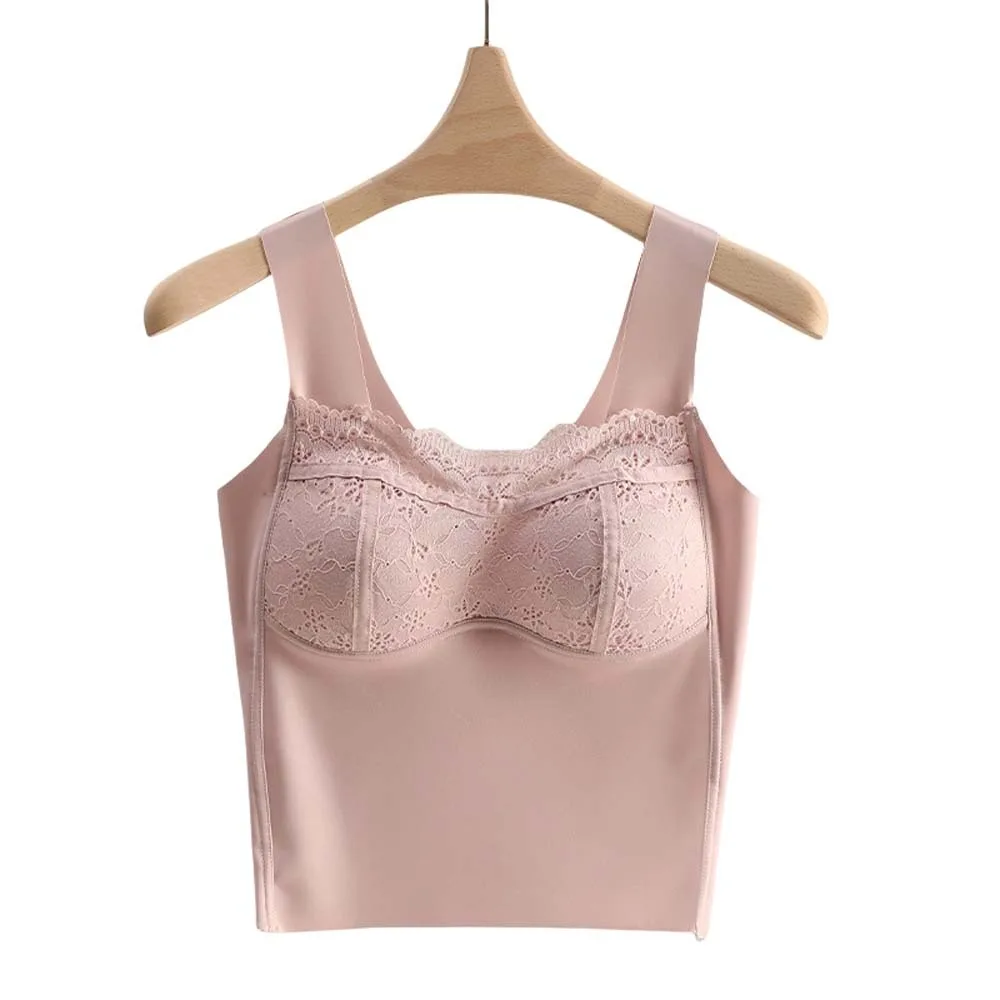 

Elegant With Chest Cushion Lace Ice Silk Camisole Non Trace Slim Fit Satin Ice Silk Corset Sleeveless Tanks Crop Tops Ladies