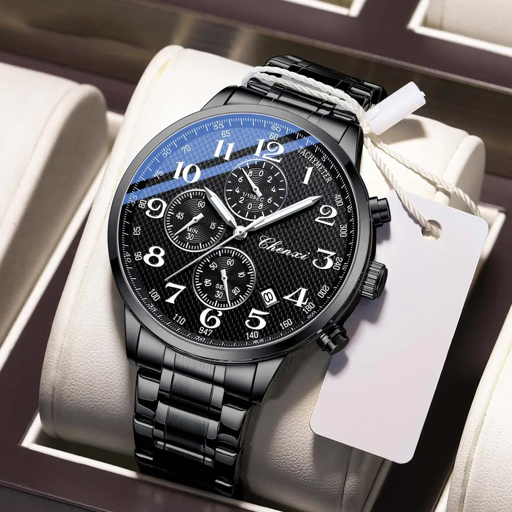 

Мужские кварцевые часы CHENXI с арабскими цифрами, многофункциональные, с тремя циферблатами, шестью стрелками, календарем и хронографом.