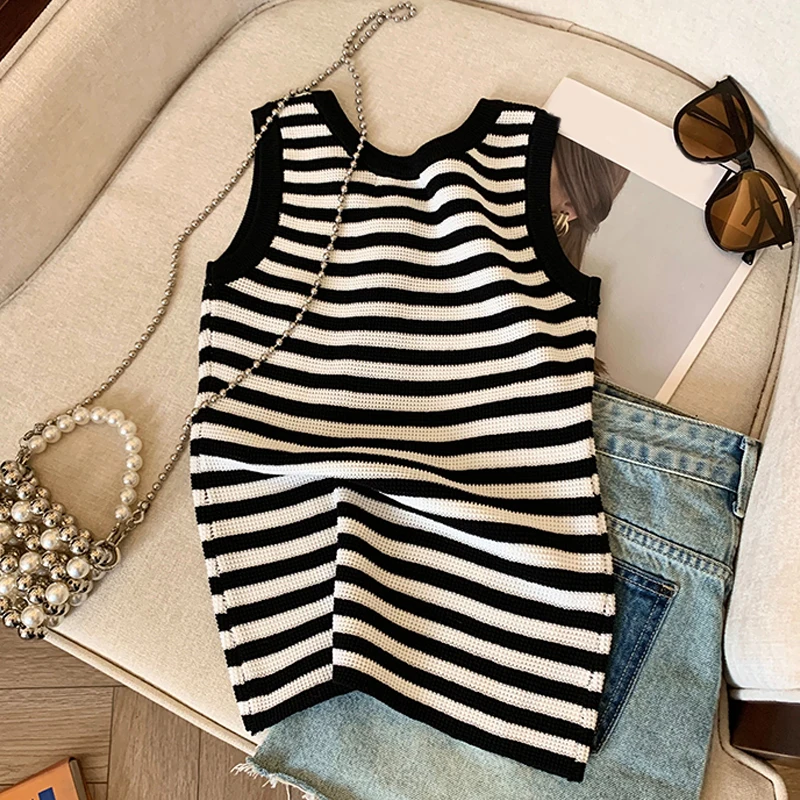 Moda listrada casual em torno do pescoço fino ajuste botão senhora doce outerwear colete para mulher