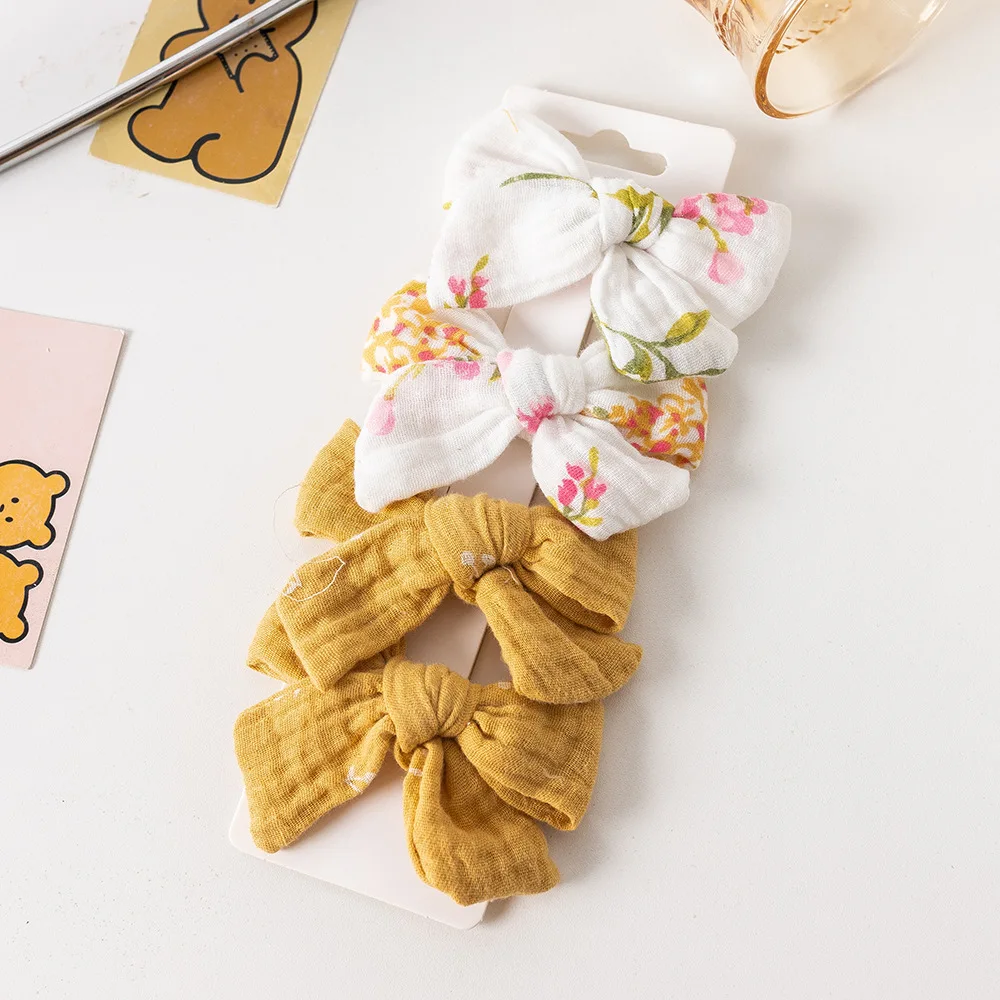 

4Pcs/Set Baby Girl Hair Clips Floral Print Bows Soft Muslin Cotton Linen Barrettes Flower Kids Hairpin Baby Hair Accessories