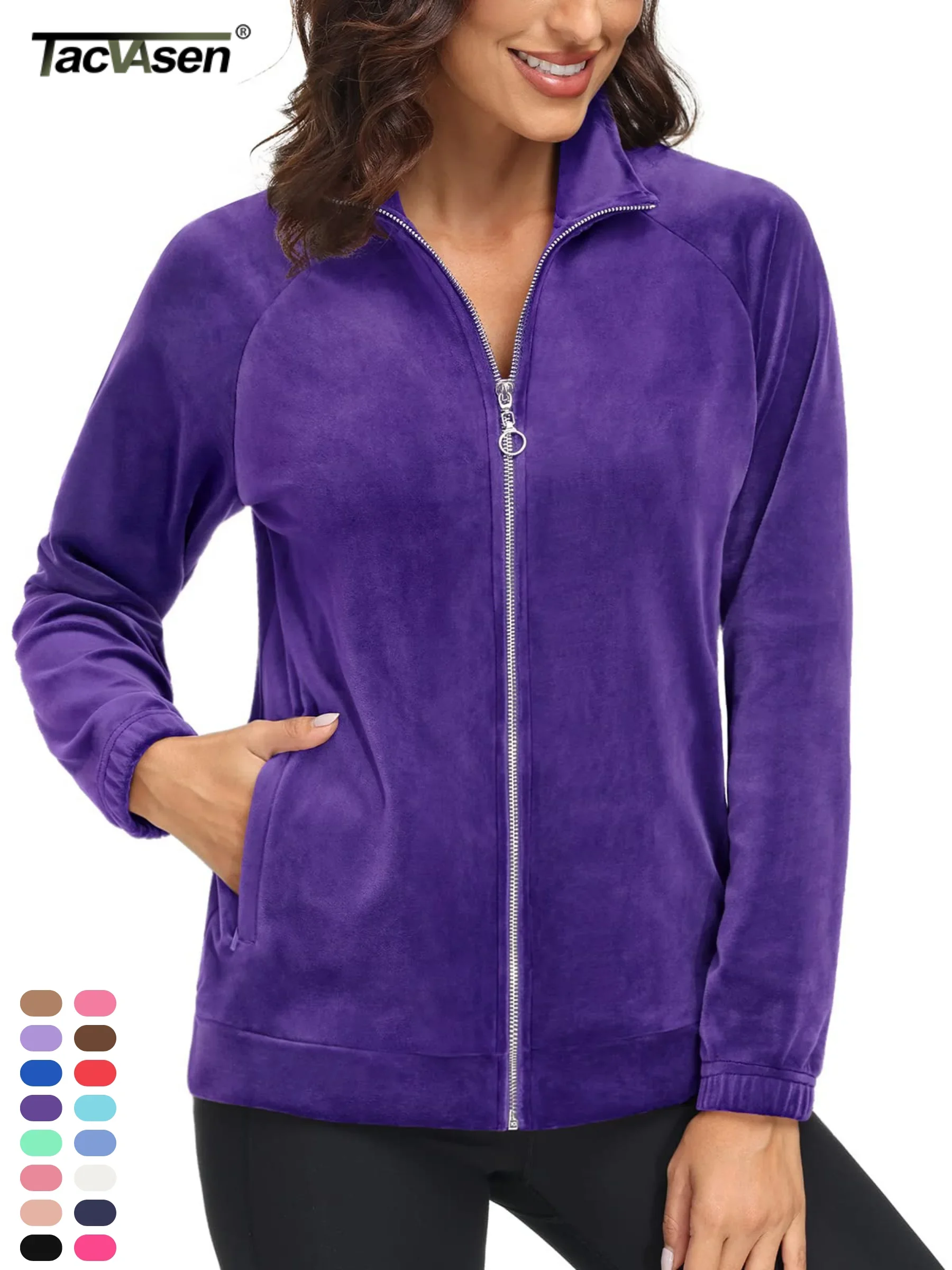 TACVASEN Chaquetas informales de terciopelo polar con cremallera completa para mujer, abrigo ligero de terciopelo suave, 2 bolsillos con cremallera, sudaderas con cuello levantado