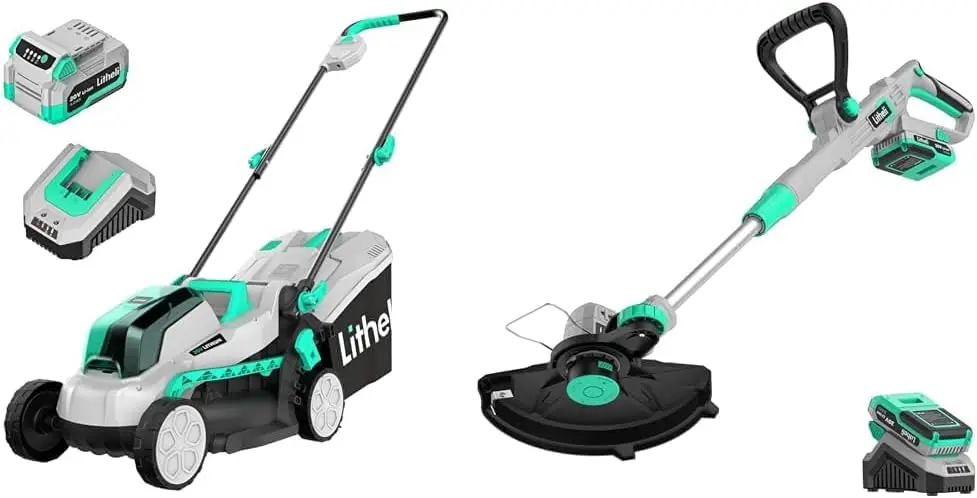 

Аккумуляторная газонокосилка 20 В, 13 дюймов и комплект триммера для струн 12 дюймов с бесщеточным двигателем, обрезным станком на колесах, аккумулятором и зарядным устройством