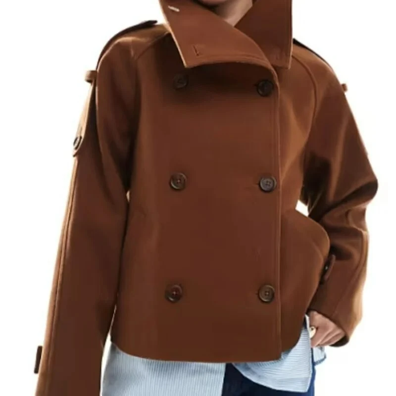 

Новая женская одежда в европейском и американском стиле, однотонная двубортная шерстяная верхняя одежда с воротником-стойкой и карманами, осень/зима 2026, осень/зима