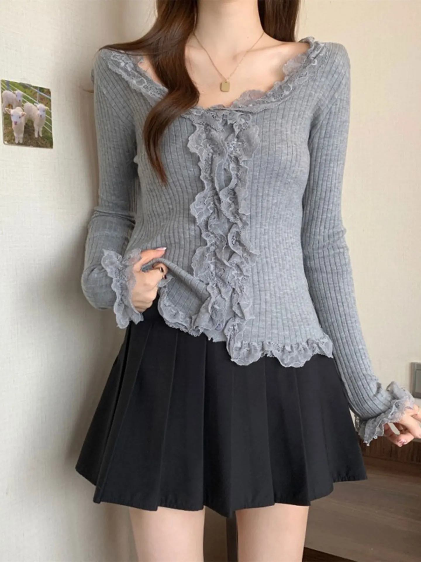 

ay Lace Splice Long Sve Knitted irt Early Spring plus Size Women's Slim Fit Versatile Base irt Top Casual Sle