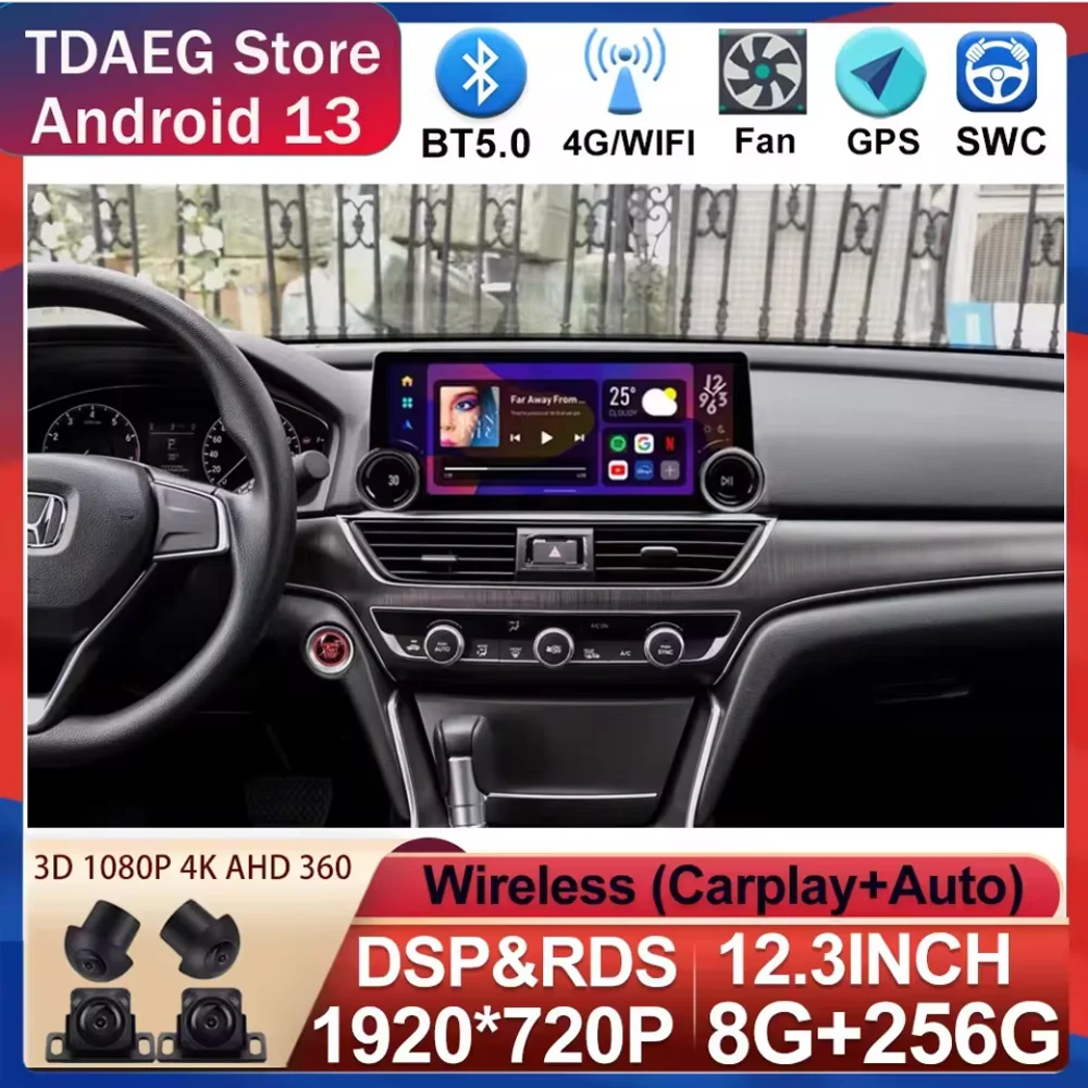 

12,3 "Android 13 для Honda Accord 10 2018 - 2021 Автомобильный мультимедийный видеоплеер Авторадио GPS Навигация стерео беспроводной CarPlay