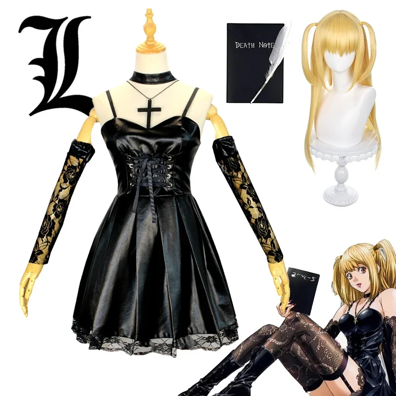 Anime Death Note Cosplay Misa Amane Costume Imitation Leather Sexy Dress  Neck Jewelry stockings necklace Uniform Outfit Wig