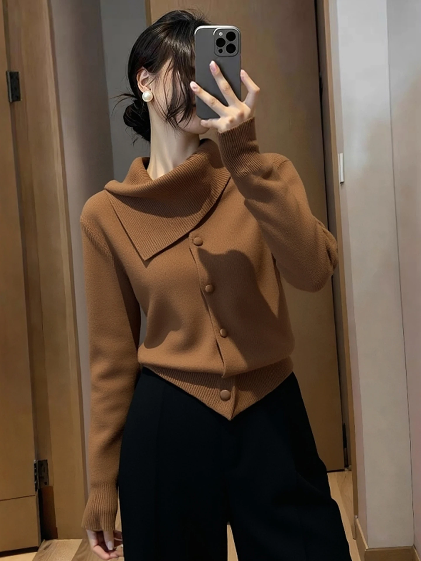 

Comfortable Soft Knitted Sweater Long Sve Color Versatile Women's Winter Top Sli Commute Faion Single Button D...