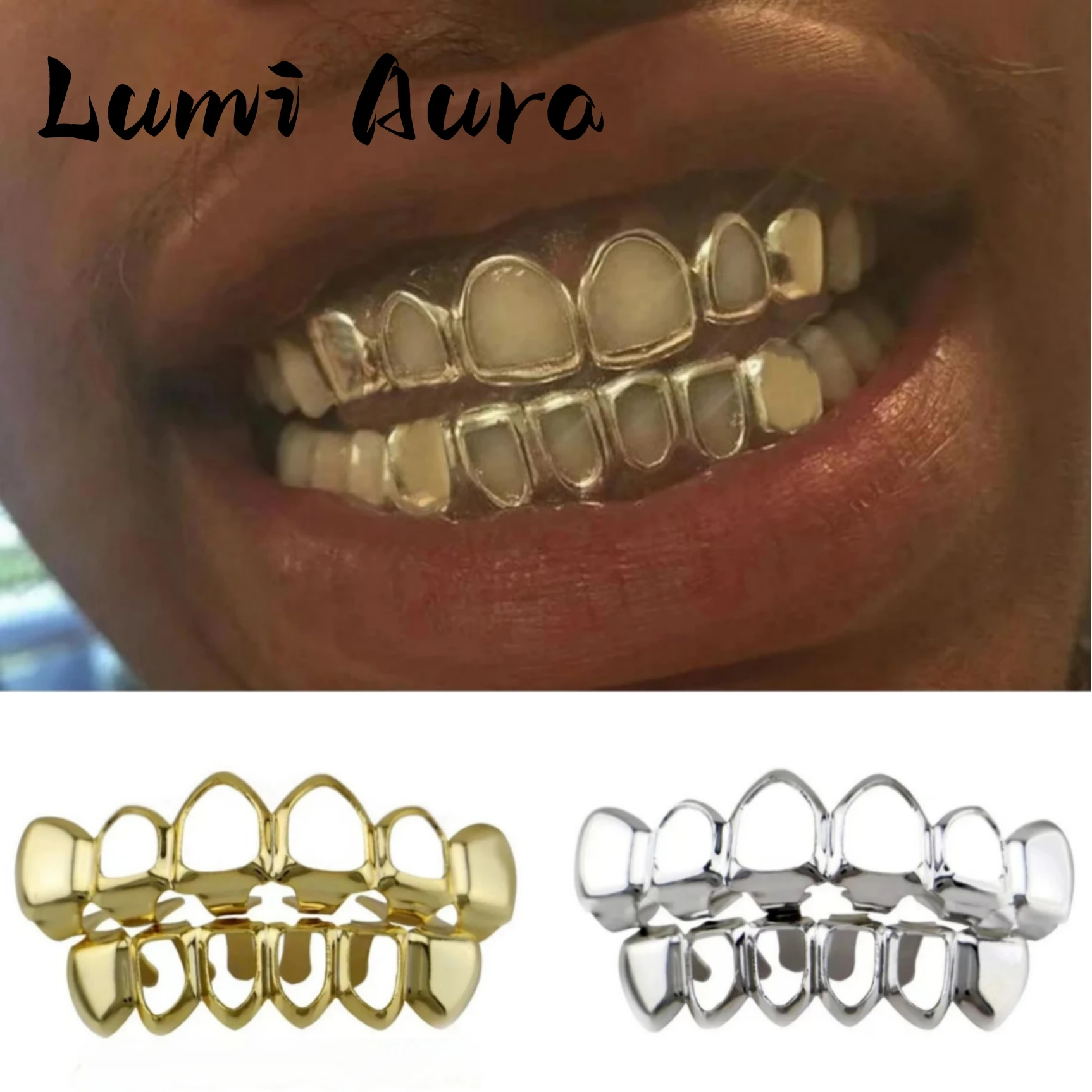 Klassische 4-Hohlzahn-Grillz 6/6 Set Hip-Hop Gold Silber Siebenfarbige Zahnkappen Unisex-Schmuck für Cosplay – Detail 2