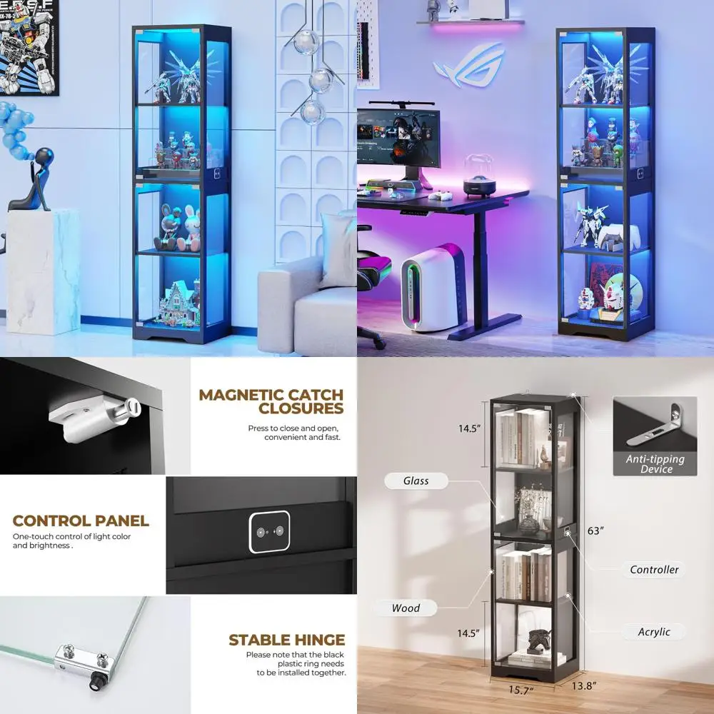 

4-х уровневый стеклянный шкаф Curio с подсветкой для предметов коллекционных предметов с дверцей и хранилищем с цветным освещением