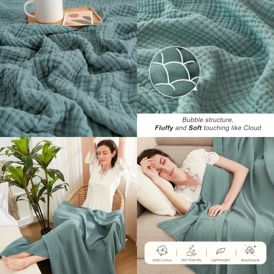 

Muslin Twin Blankets for Couch Breathable Gauze All Season Soft and Lightweight Pre-Washed Cotton Blanket Teal, 60x80