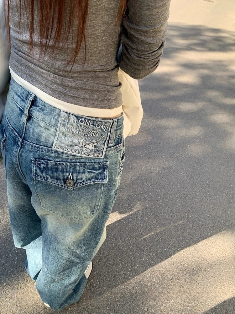 Mueyaruho 2026 봄 여름 여성 청바지 아메리칸 워시드 로우 웨이스트 루즈핏 스트레이트 데님 팬츠 여성용