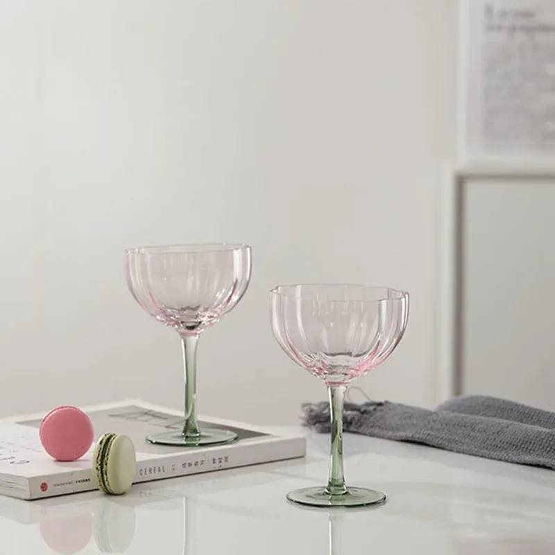 Set of 2 Flower Glass Colorful Cocktail, Rippled & Champagne Glasses, Prosecco, Martini, Mimosa, Cocktail Set, Bar Glassware