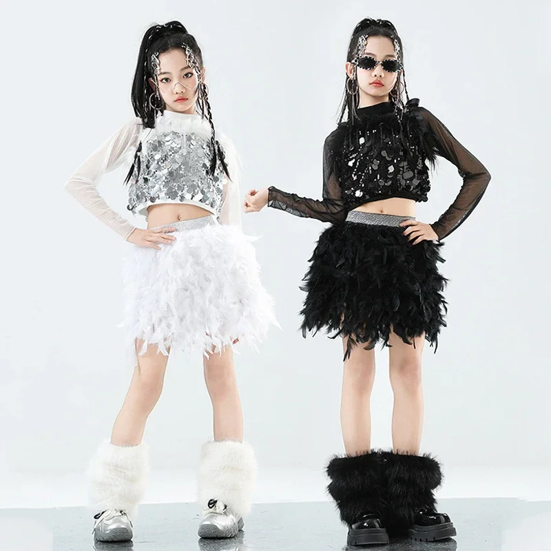 

Children Jazz Dance Costume Girl Kpop Performance Stage Wear Black Sequin Vest Feather Fluffy Skirt Fashion Show Streetwear