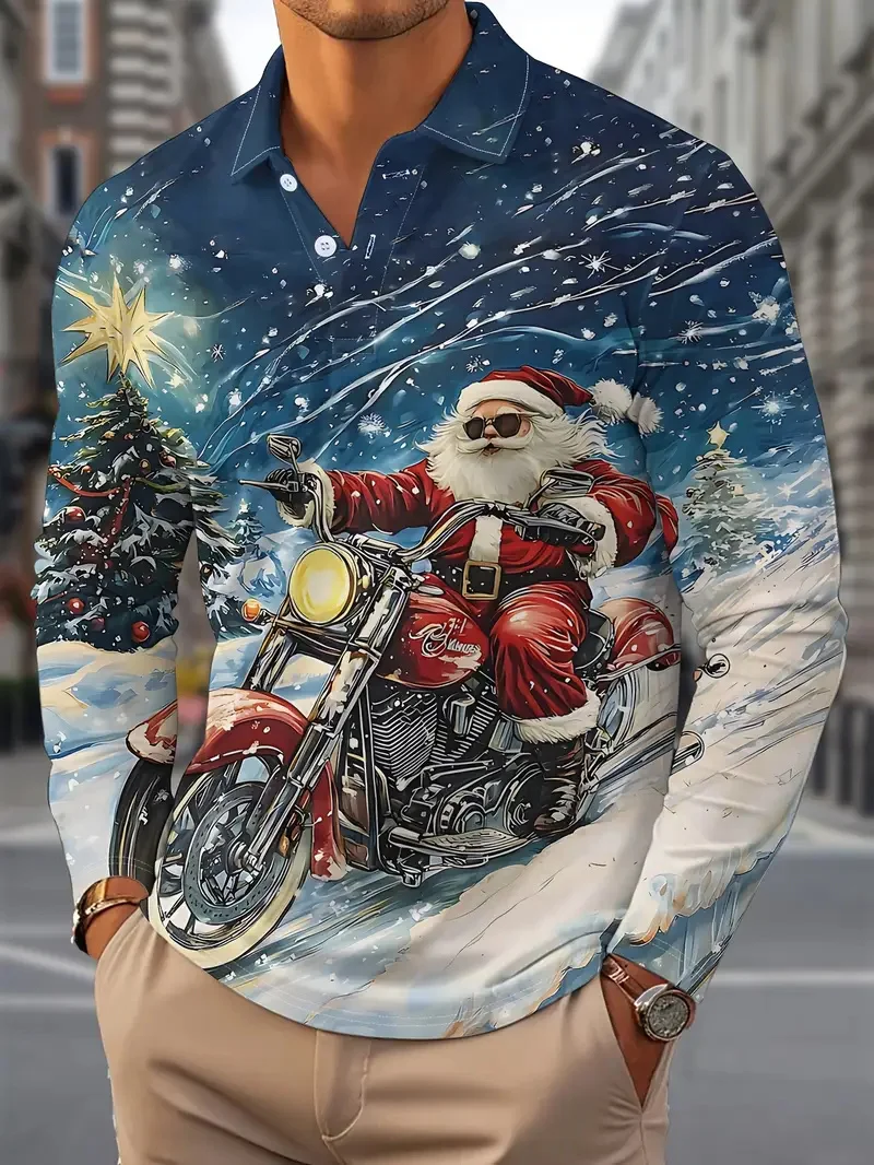 

Motocycle Santa Claus Graphic Polo Shirt For Men Fashion Cool Christmas Theme Lapel Shirts Funny 3D Printed Long Sleeve Pullover