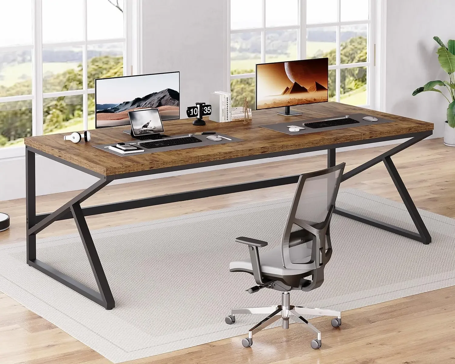 78 Inch Extra Long Metal Wood Desk for Home Office, Two Person Executive Writing Study Gaming Desk Table, Bedroom Living