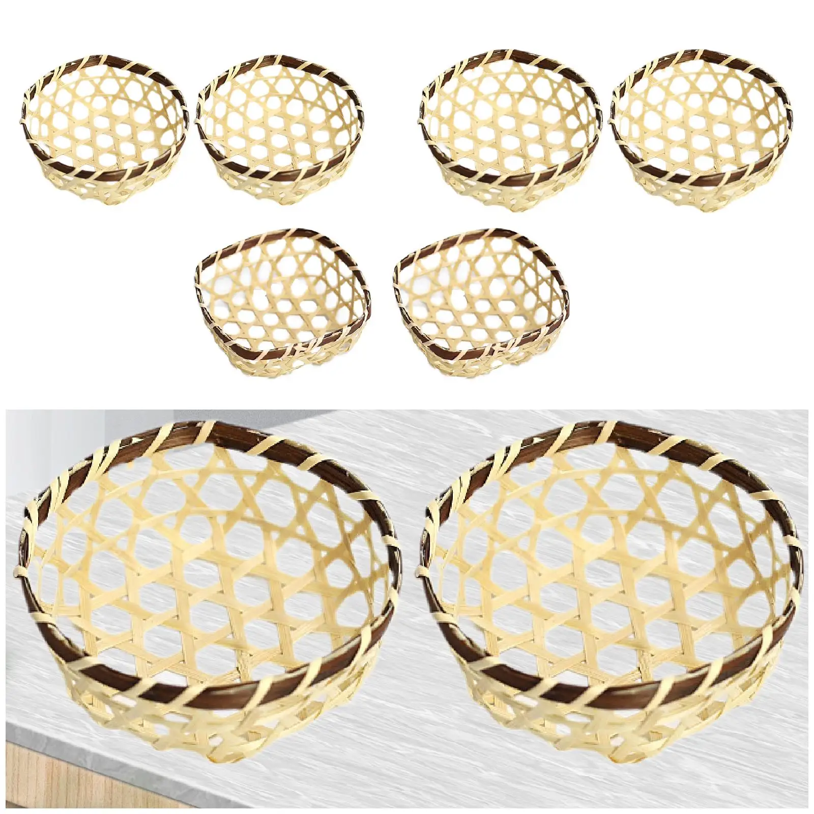 Cesta para servir de bambú de 2 piezas, cestas tejidas con bandeja, Mini cestas de almacenamiento de cesta de mimbre decorativas rústicas multiusos hechas a mano