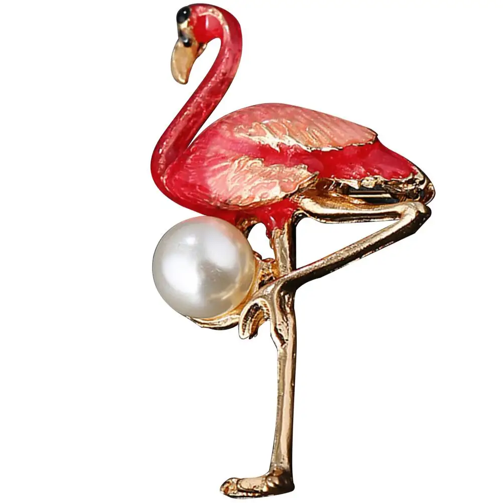 

Flamingo Brooch Pearl Breast Pin Animal Decor Breastpin Chic Alloy Red Enamel Miss