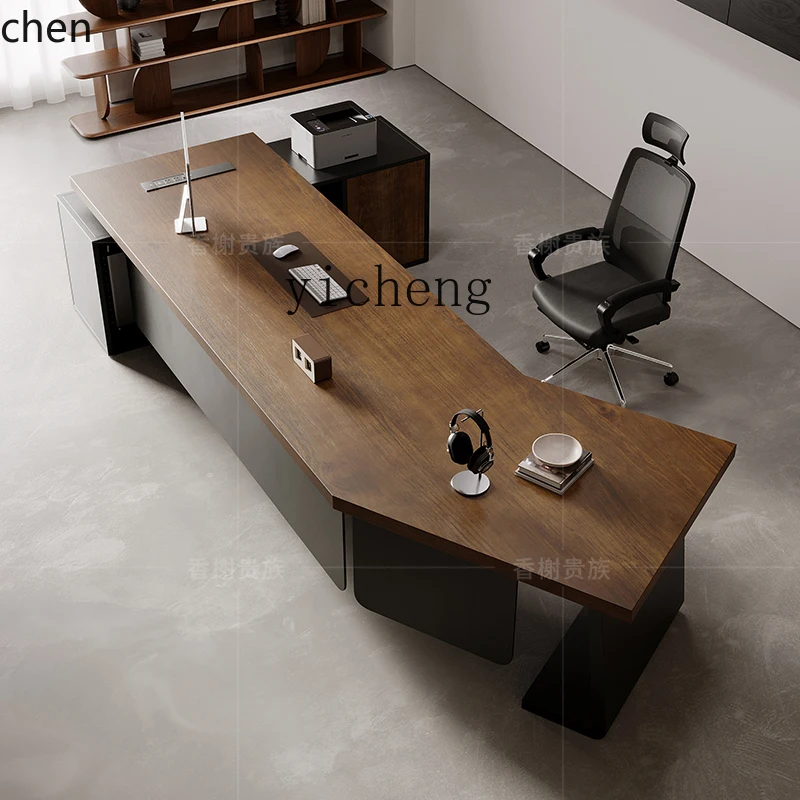 ZML  high-end solid wood office computer desk simple modern creative special-shaped boss table with side cabinet