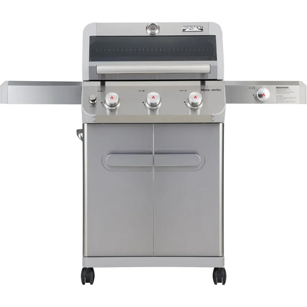 Outdoor  Stainless Steel 3 Burner Propane Gas Grill, with Side Burner and Knob Controls, 48,000 BTU Patio Garden Grill