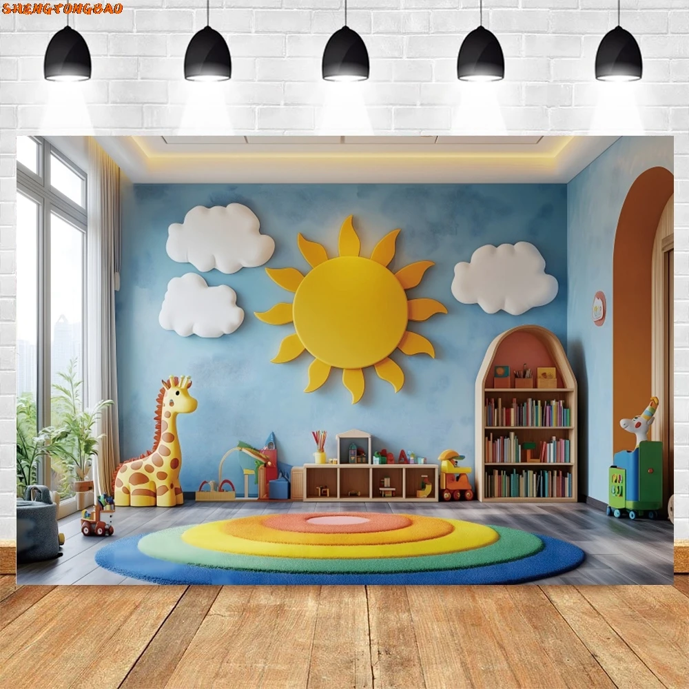 

Kindergarten Backdrop Classroom Bookshelf Sun White Clouds Toys Back to School Kids Portrait Photography Background Photo Studio
