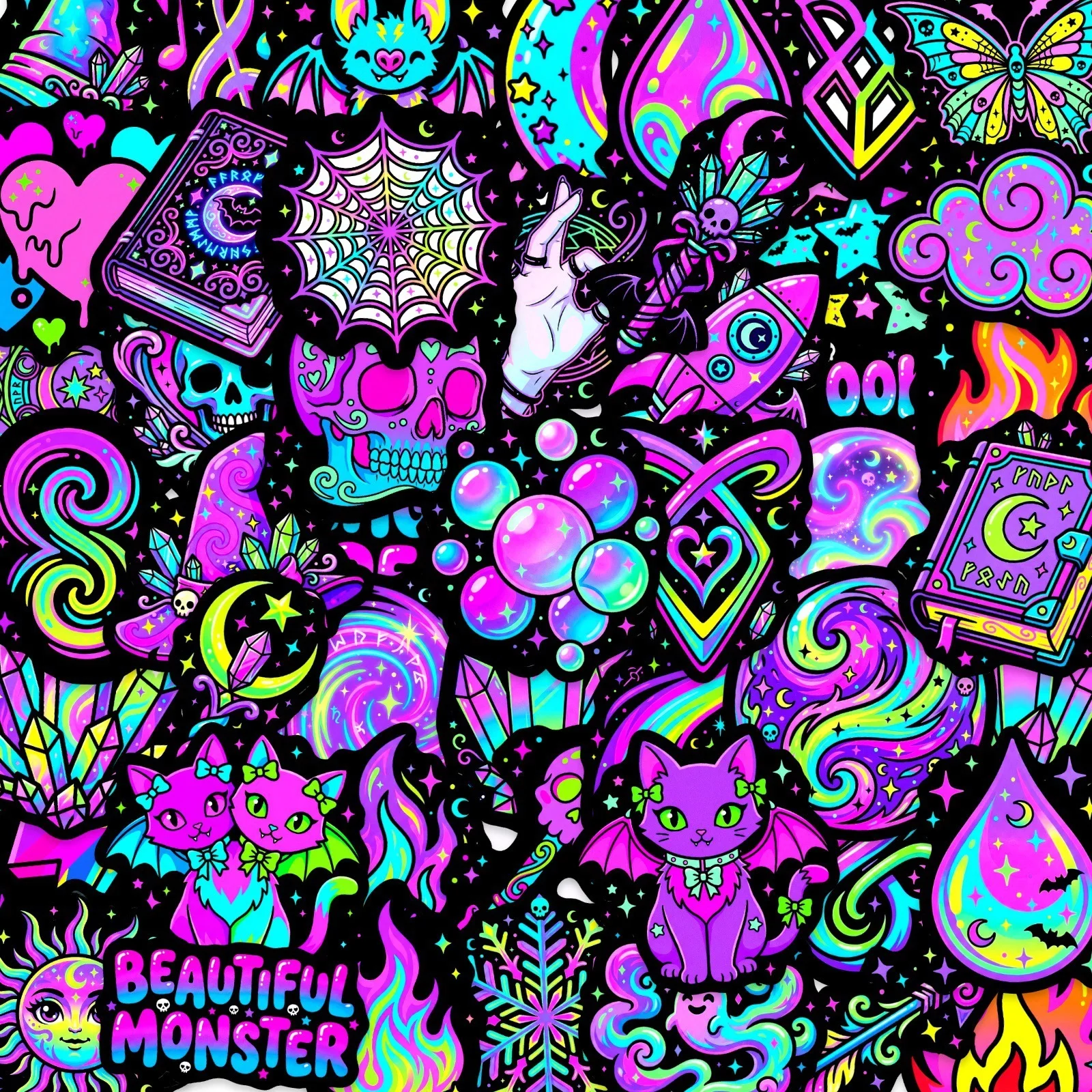 50 Pcs Gothic Neon Magic Doodle Stickers Waterproof Mix Decals Decorate Cup Skate Helmet Phone Scrapbook PP Decals