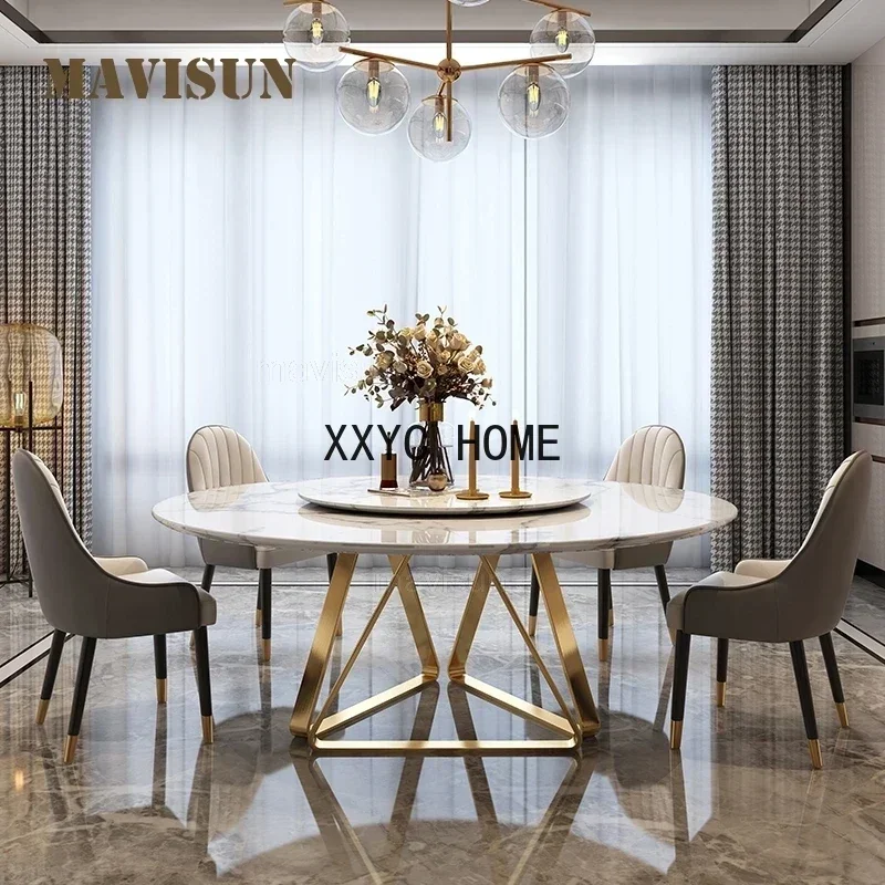 Gorgeous Golden Dining Table With Turntable Leisure Round Marble Kitchen Table And Chair For Villa High-End Italian Furniture