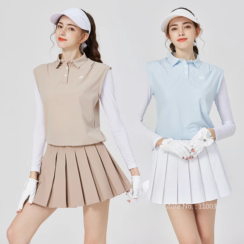 Blktee WomenPolo Top Ice Silk Long-sleeved SunscreenT-Shirt Fake Two-piece Loose Shirt Tennis Pleated Skirt Ladies Golf Skorts