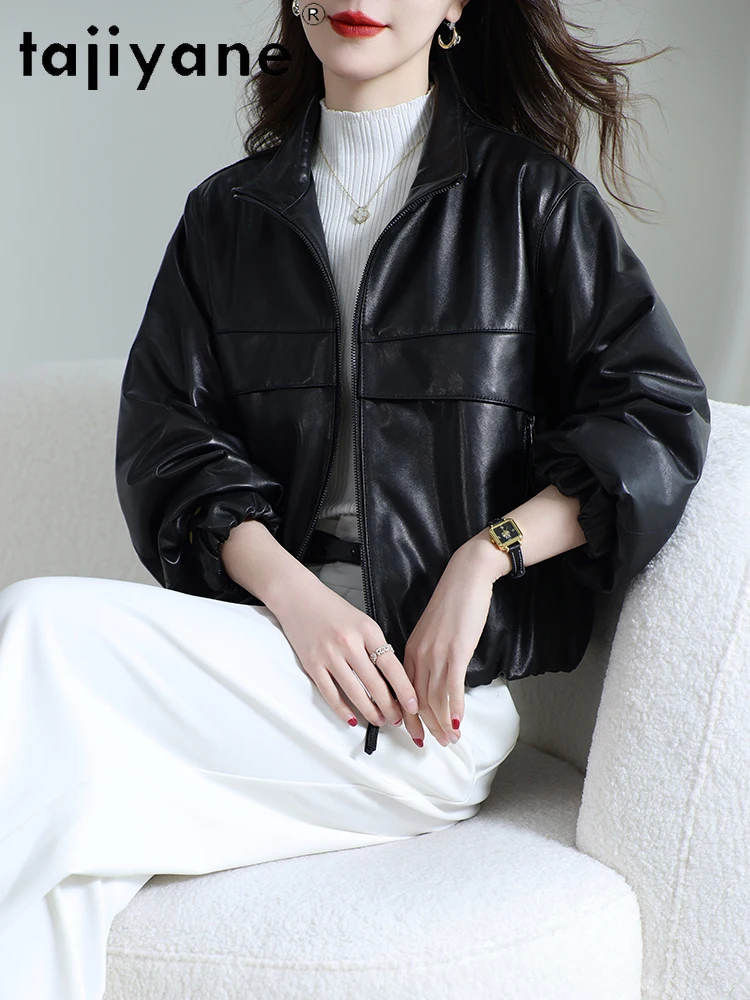 TAJIYANE سترة جلد الغنم الحقيقية الطبقة العليا امرأة فضفاضة عادية سترة جلدية حقيقية معطف الخريف القصير 2025 ملابس حريمي كورت