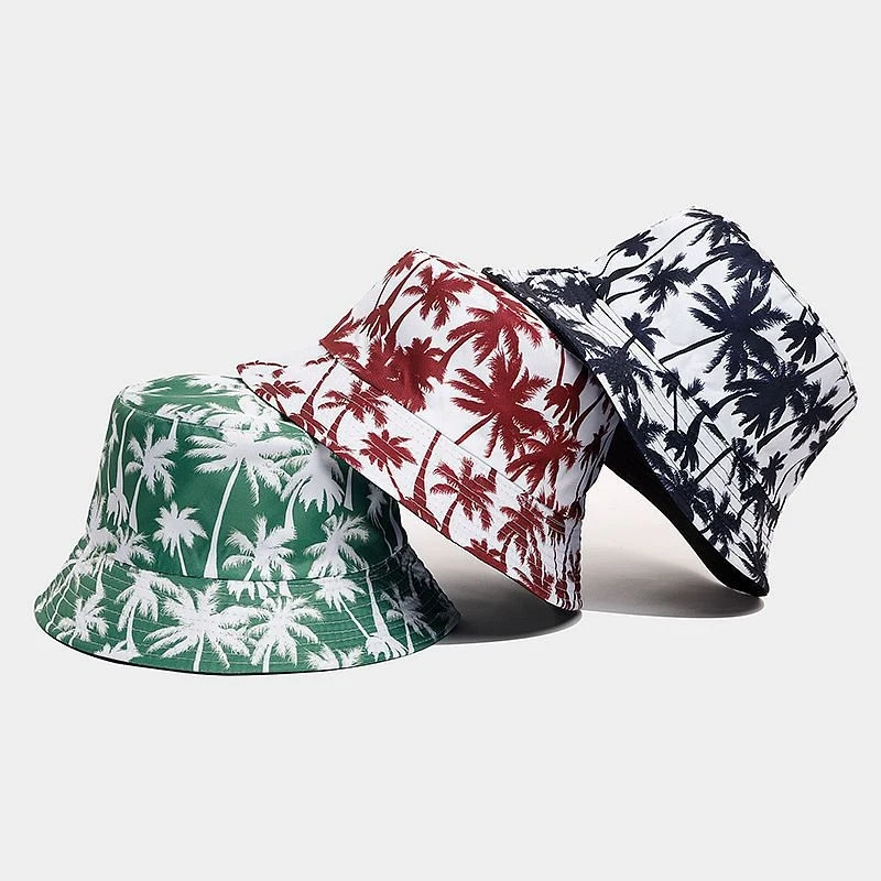 Palm Tree Print Bucket Hat Tropical Hawaiian Casual Sun Cap