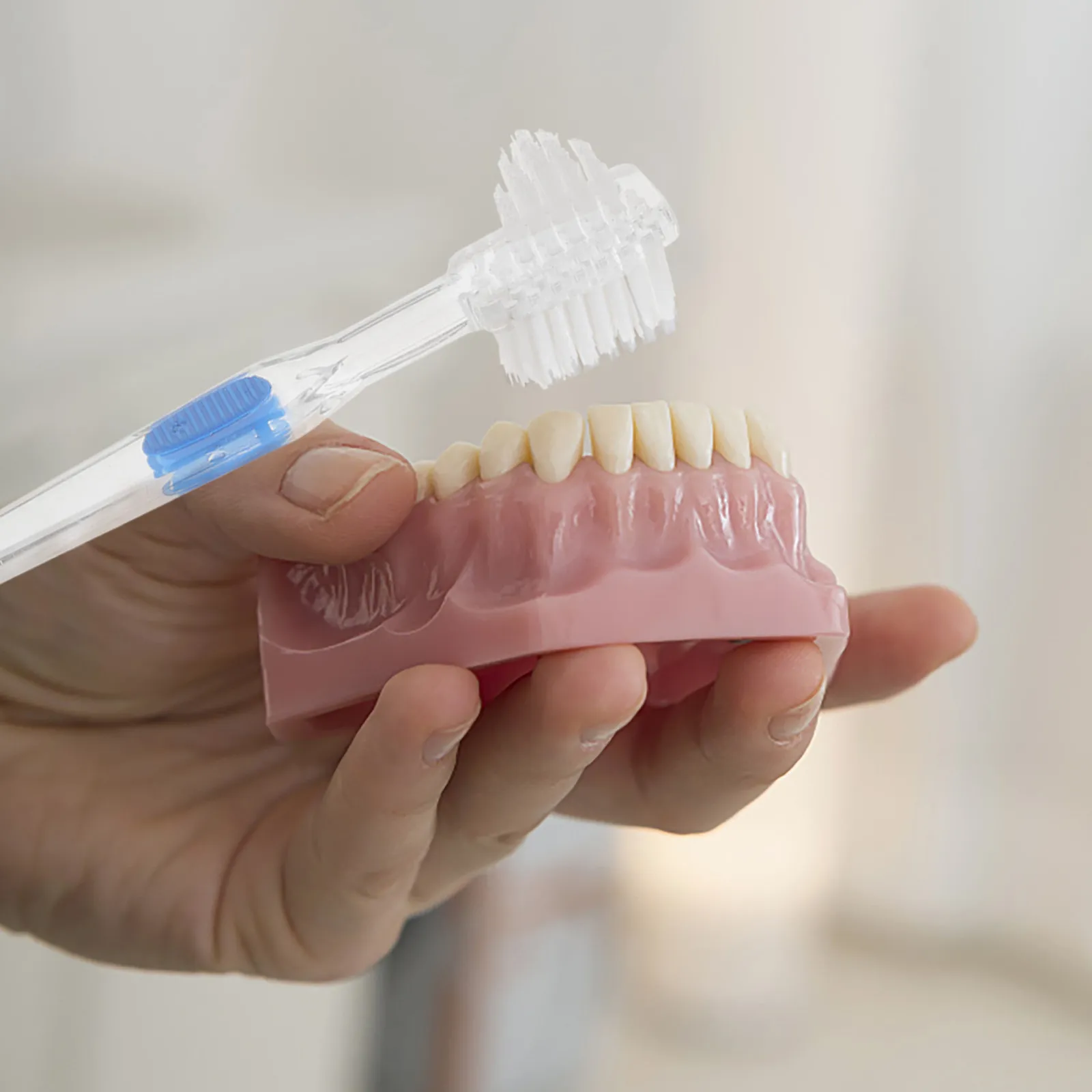 

3Pcs Double Sided Denture Cleaning Brush Multi-Tufted Angled Head for Artificial Teeth Fresh Breath Non-Slip Rubber Handle