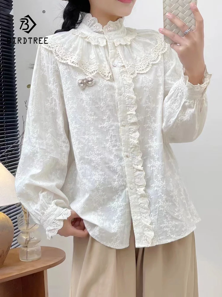 

Новая осенняя хлопковая рубашка с длинными рукавами 2025, женская кружевная рубашка с вышивкой-стойкой, милая шикарная свободная кукольная блузка Mori Girl T59746CC