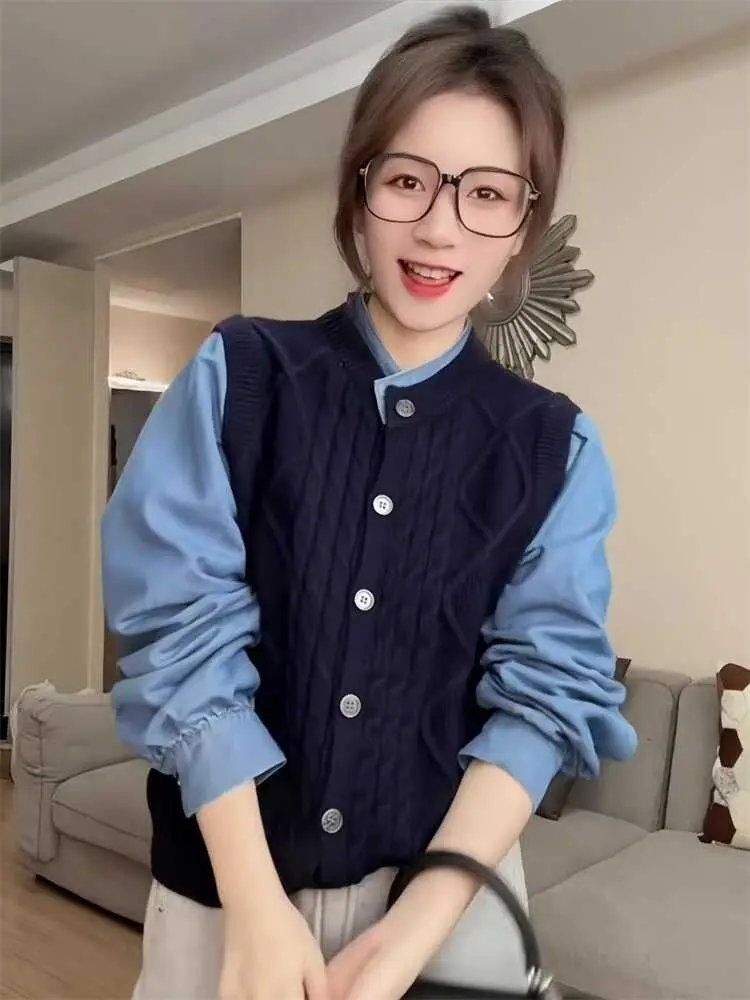 Spring New Fashion Style Slimming Versatile Top Denim Shirt Patchwork Fake Two-piece Knitted Sweater for Women Blouses Shirts