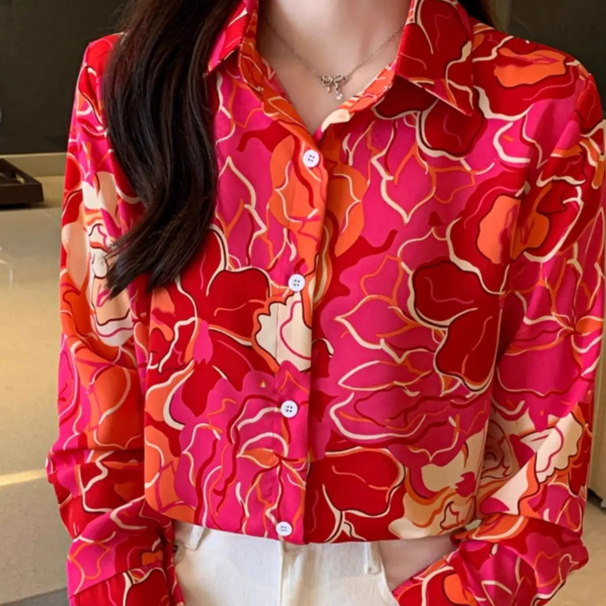 High End Red Printed Chiffon Shirt Women\'s Long Sleeved Retro Chic Outerwear Shirt Spring Autumn New Top