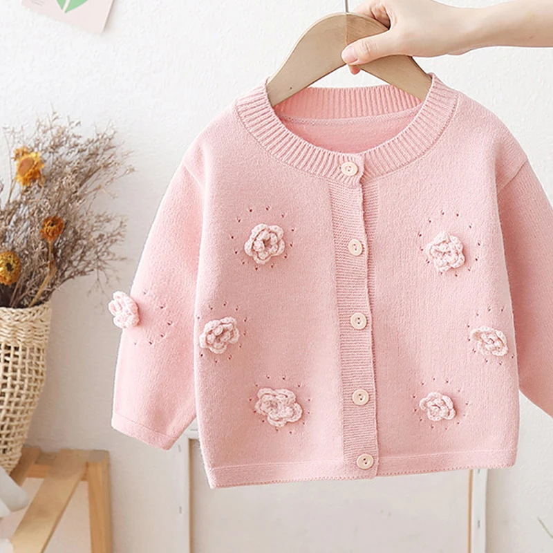 Girls Handmade Flower Knitted Cardigan 2024 Autumn New Baby Girl\'s Solid Color Long Sleeve Top Jacket Children\'s Sweater Coat