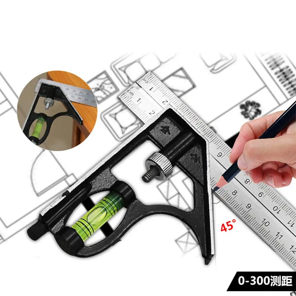 300mm Square Angle Ruler Adjustable Combination 45 / 90 Degree With Bubble Level Multifunctional Gauge Measuring Tools