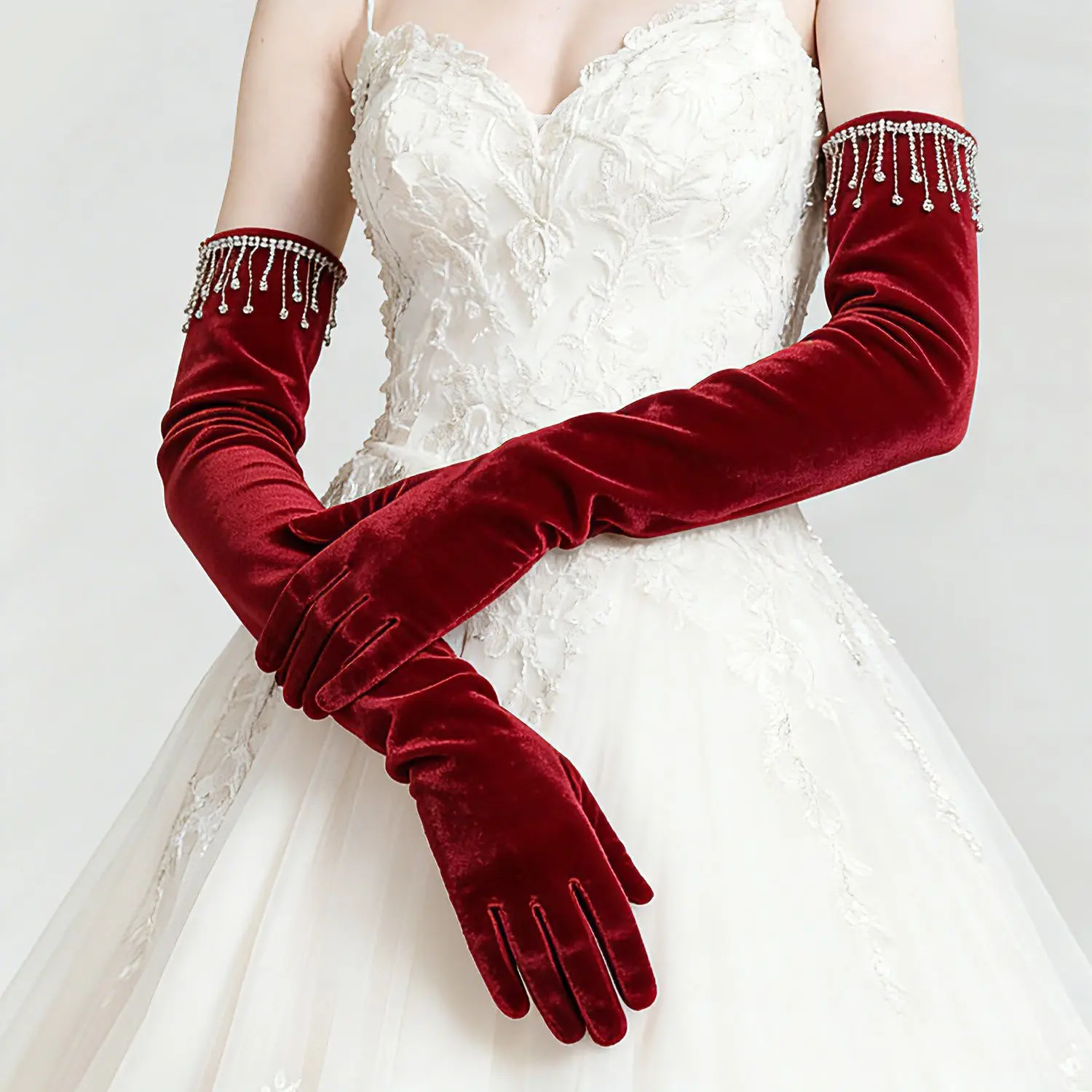 Ladies Velvet Rhinestone Gloves Premium Luxury Elegant Cocktail Sleeves Wedding Bridal Prom Party Long Warm Gloves