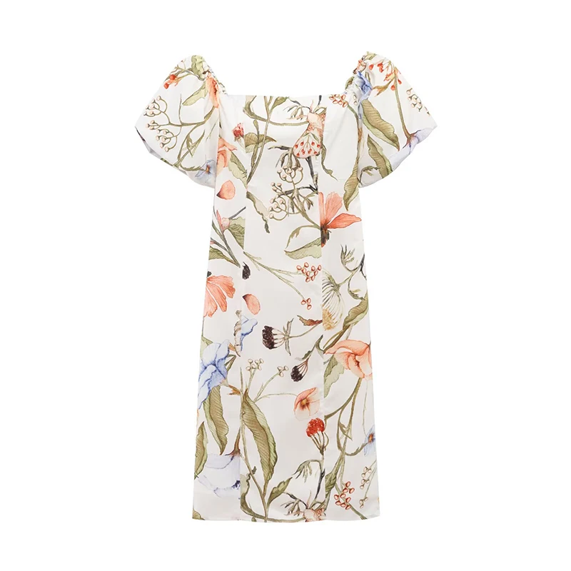 

RAFZNB Women Fashion Off Shoulder Dresses Summer Print Short Sleeves Dress Vintage Female Elegant Party Dresses