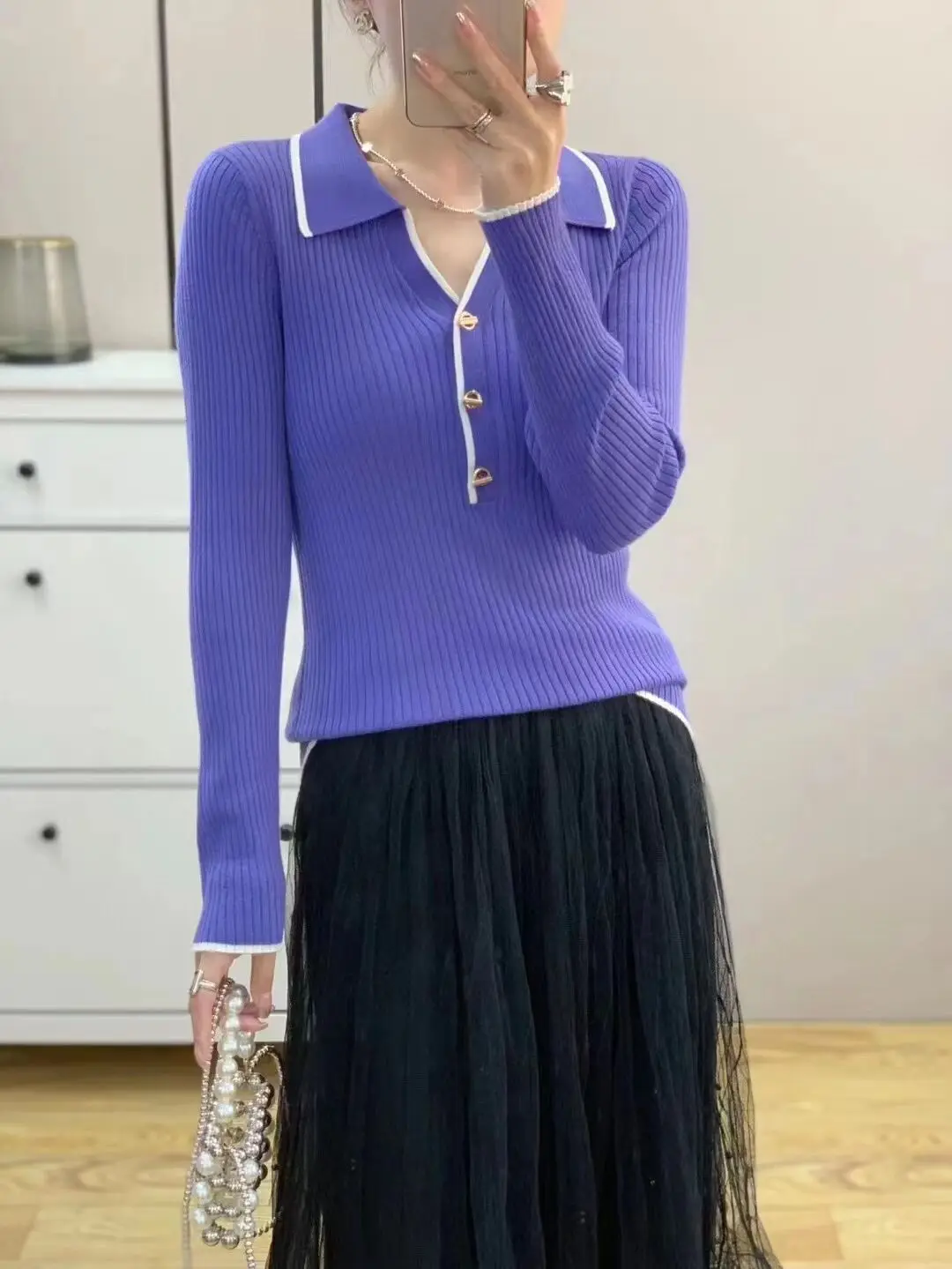 High Quality  30% Sheep Wool Clothes Women's 2023 Spring Turn Down Collar Knit Blouse Ladies Slim Elastic Wool Sweater Tops