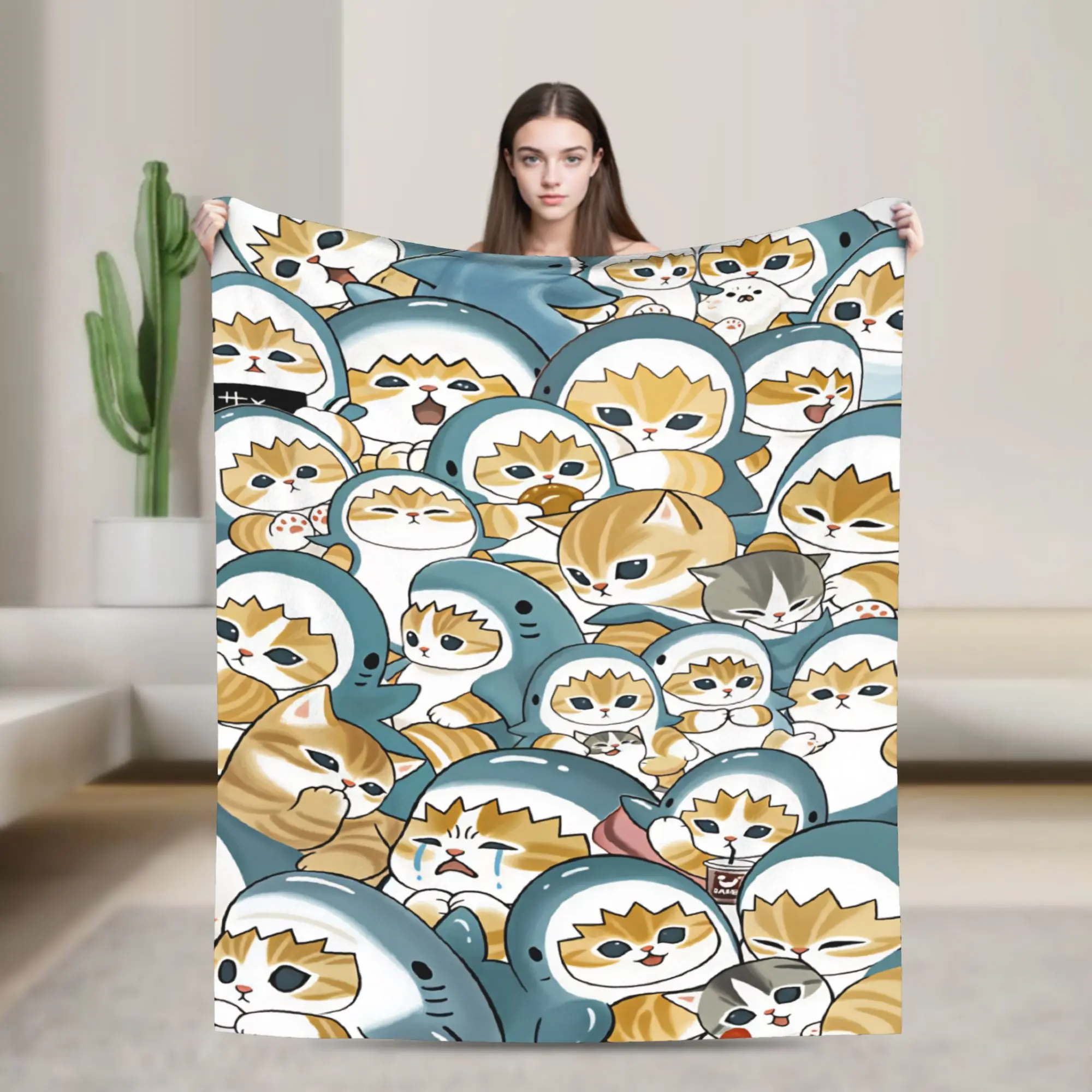 Mofusand Japanese Shark Cat  Blanket Quality Warm  Bedding Throws Winter Travel Office Outdoor Graphic Bedspread
