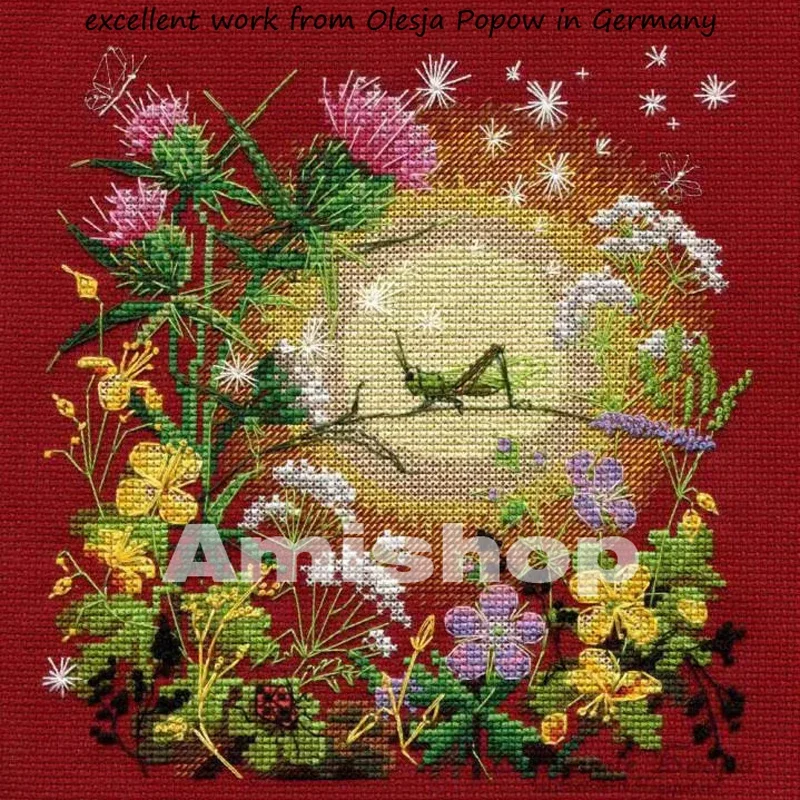 Amishop Free Delivery Top Quality Lovely Counted Cross Stitch Kit Dandelion Flower Grasshopper Insect At Night