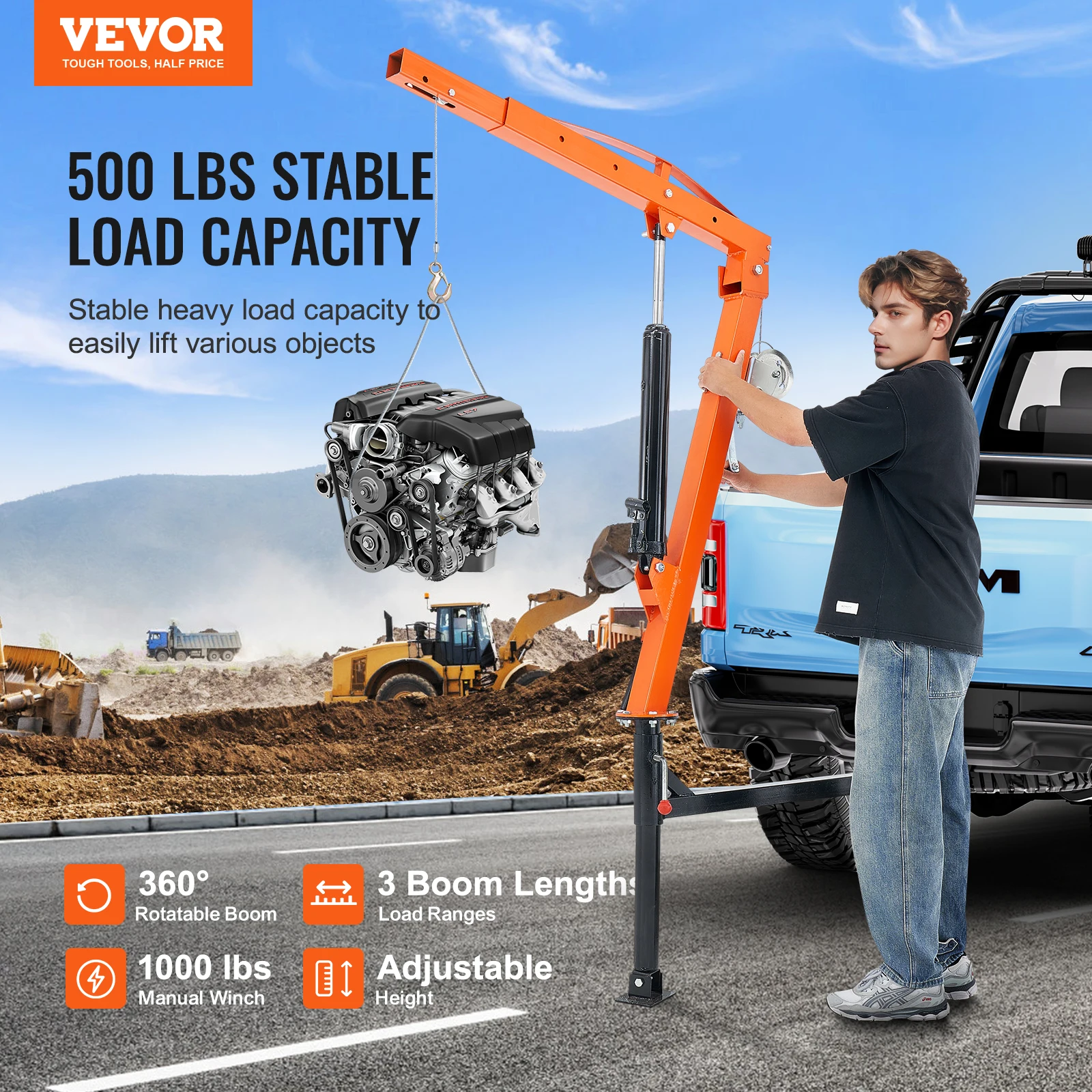 VEVOR 500 lbs Hydraulic Pickup Truck Crane 360° Swivel Hitch Mounted Jib Crane Hoist with Three Boom for Factory Lifting Goods