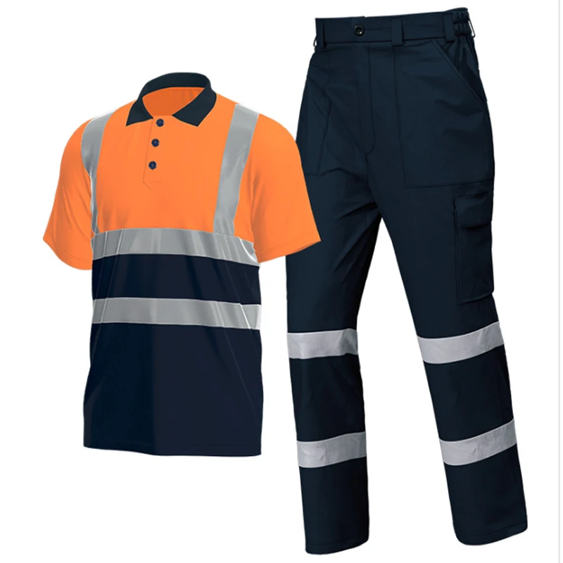 Hi Vis veiligheidswerkkleding poloshirt veiligheidsbroek broek Aangepast logo Mechanica reparateur Werkoverhemd Reflectiebanden