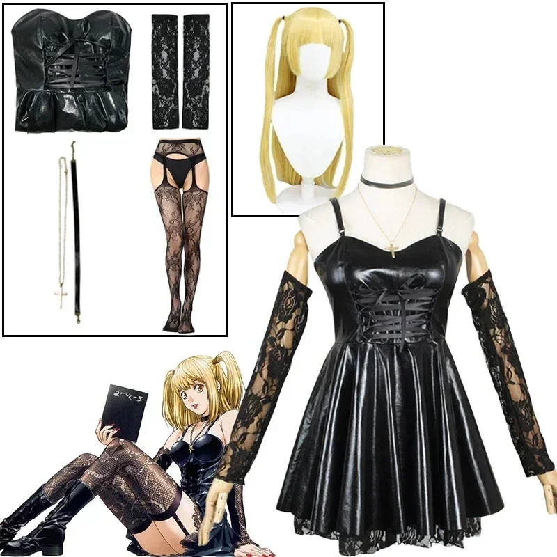 Death Note Cosplay Costume Amane Misa Imitation Leather Sexy Dress +gloves+stockings+necklace Uniform Outfit Cosplay Costume