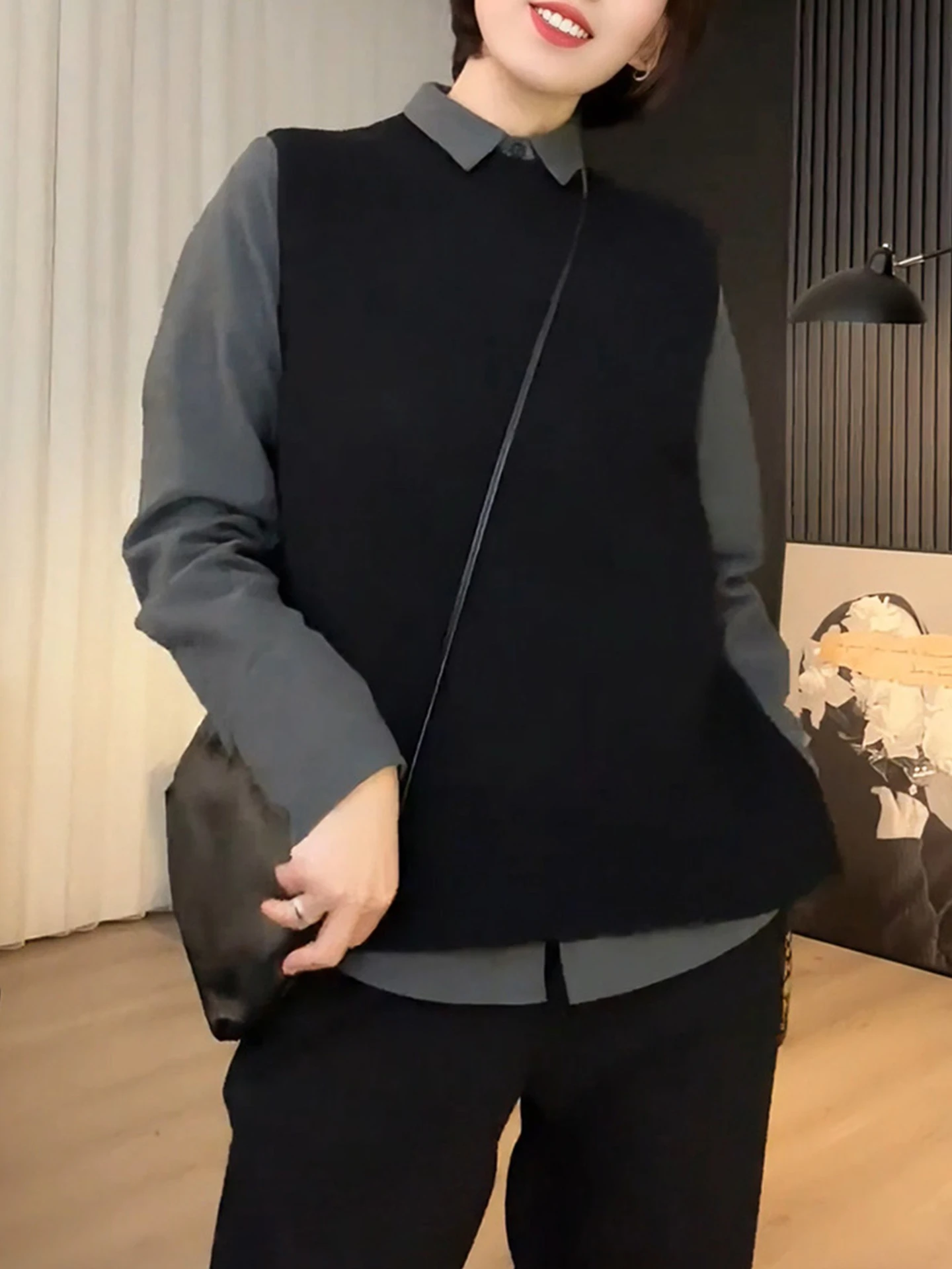 Wszechstronna dzianinowa kamizelka codzienna, okrągły dekolt, bez zakładania, jesienna moda, elegancki wygląd, damska bluzka do pracy.