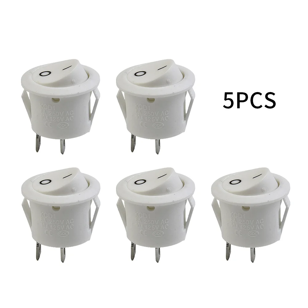 5x Rocker Switches Mini Round White 2 Pin Terminal SPST ON-OFF Rocker Switch Snap-In 20mm 12V For Lights Appliances Car Parts