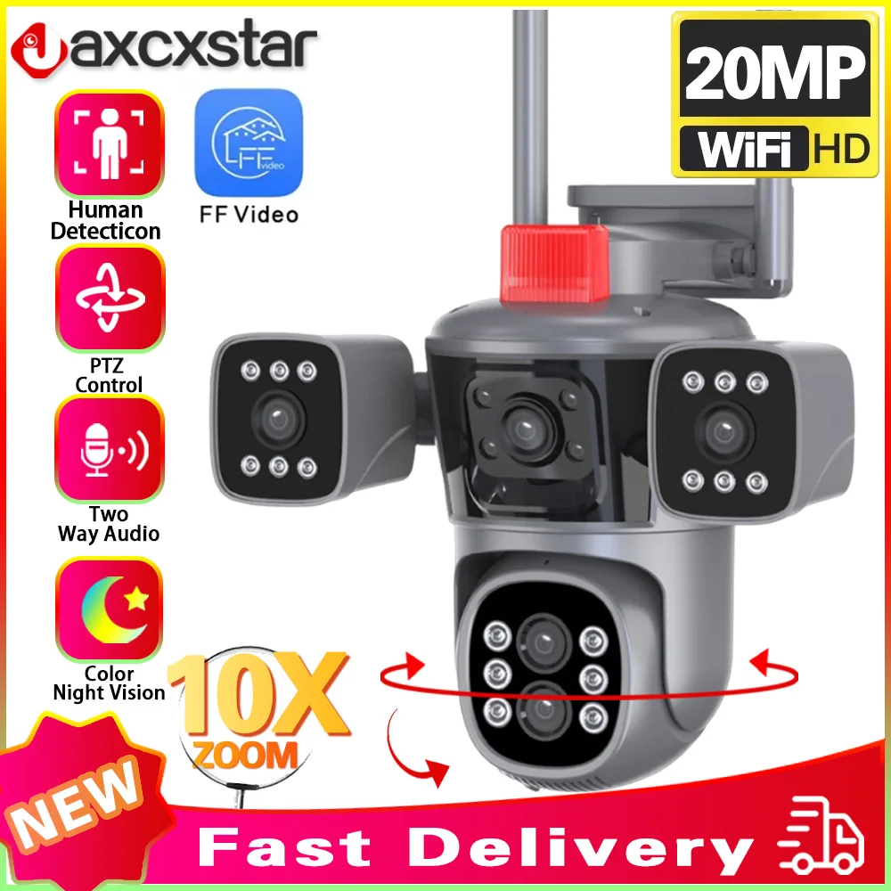 

10K 20mp Outdoor Wireless Wifi Security Camera 10X Zoom Auto Tracking 8K PTZ 5 Lens 4 Screens IP CCTV Cam IP66 Waterproof