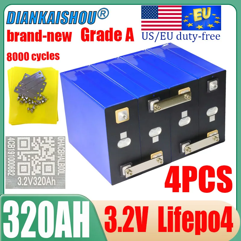 4PCS brand-new 3.2V 320Ah lifepo4 battery grade a class DIY 12V 24V 48v 3C lithium iron phosphate rechargeable battery tax-free