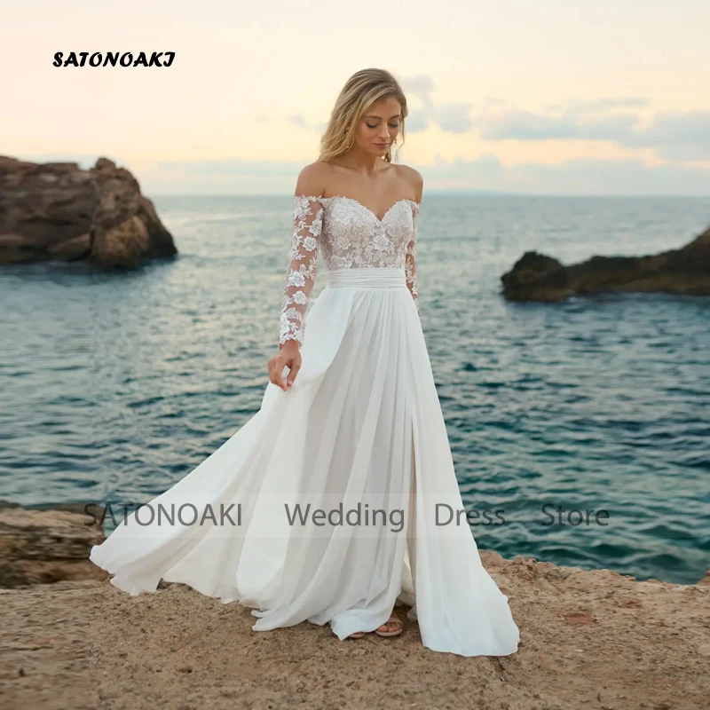 

Customized Elegant Boho Off the Shoulder Lace Chiffon Wedding Dress for Women Side Split Appliques Bride Gown Vestidos De Novia