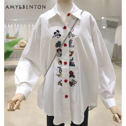 Love Breasted Cartoon Embroidered Blouse 2024 Spring Loose Mid-Length Below The Hip Long Sleeved Shirt For Women's Top